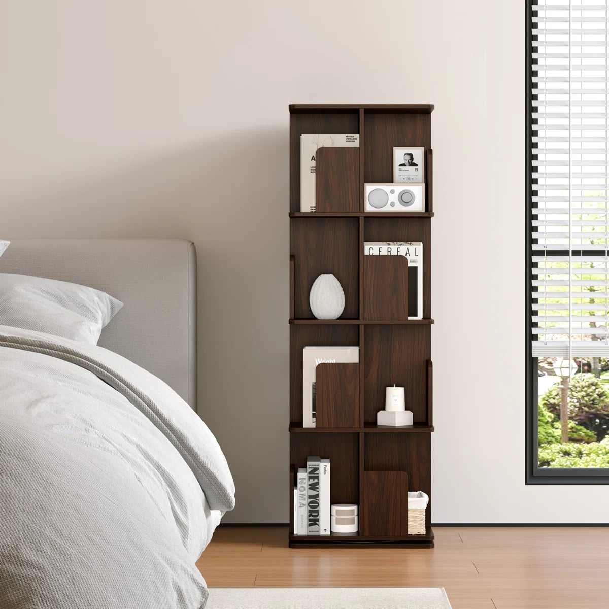 Rotating Bookshelf, 4 Tier Small Bookcase Corner Shelves Display Storage Tower Space-saving Revolving For Small Space Walnut