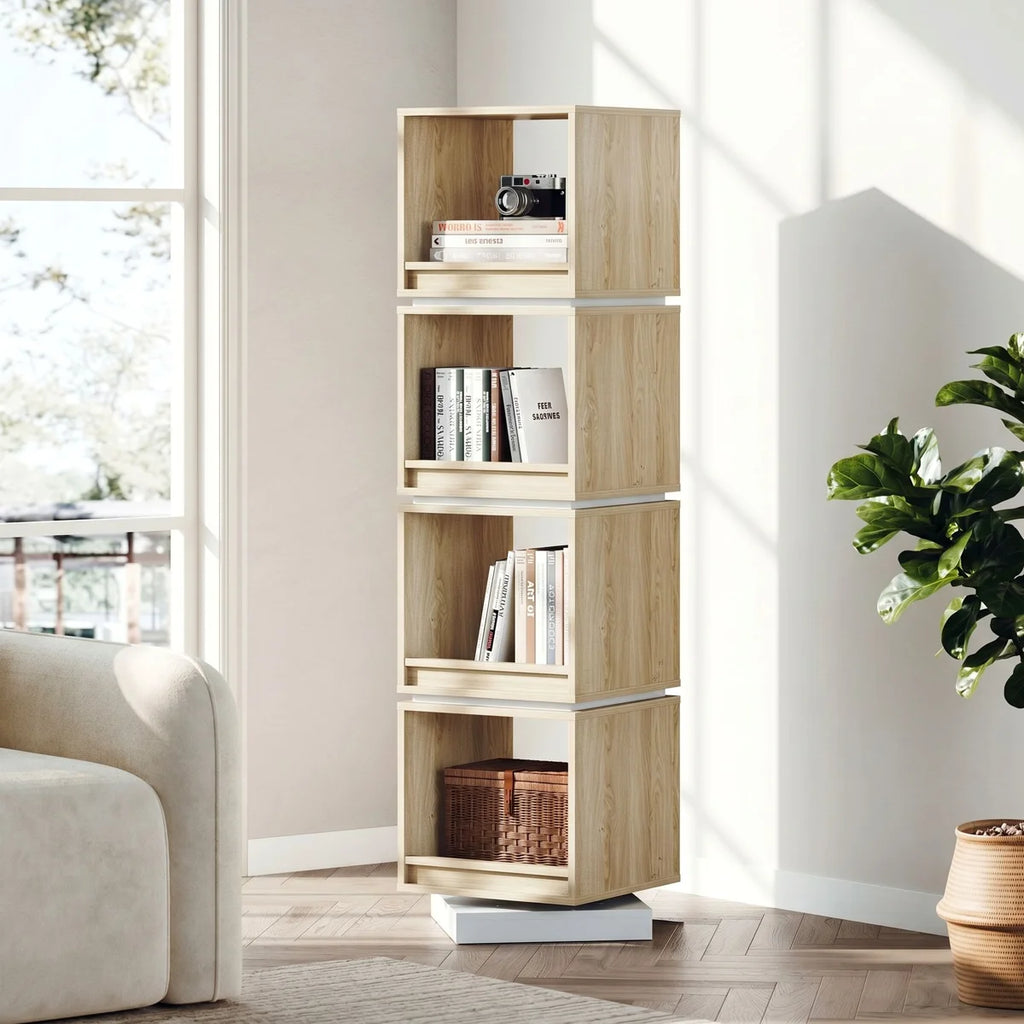 Adonia 360° Rotating Bookshelf Tower, 4Tier Walnut Corner Bookshelf