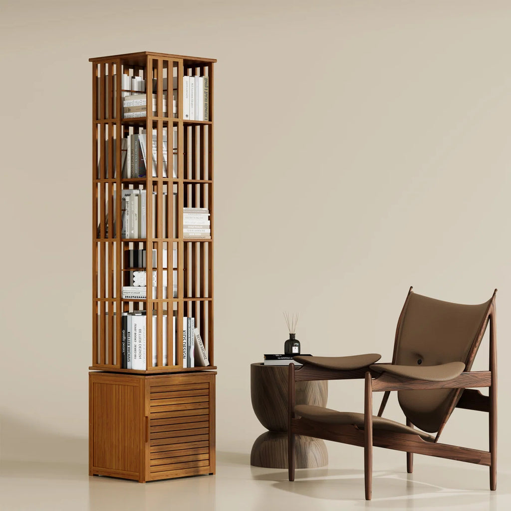 Bamboo Bookshelf 360° Spinning 7 Tier Tall Narrow Display Tower Shelf, Walnut