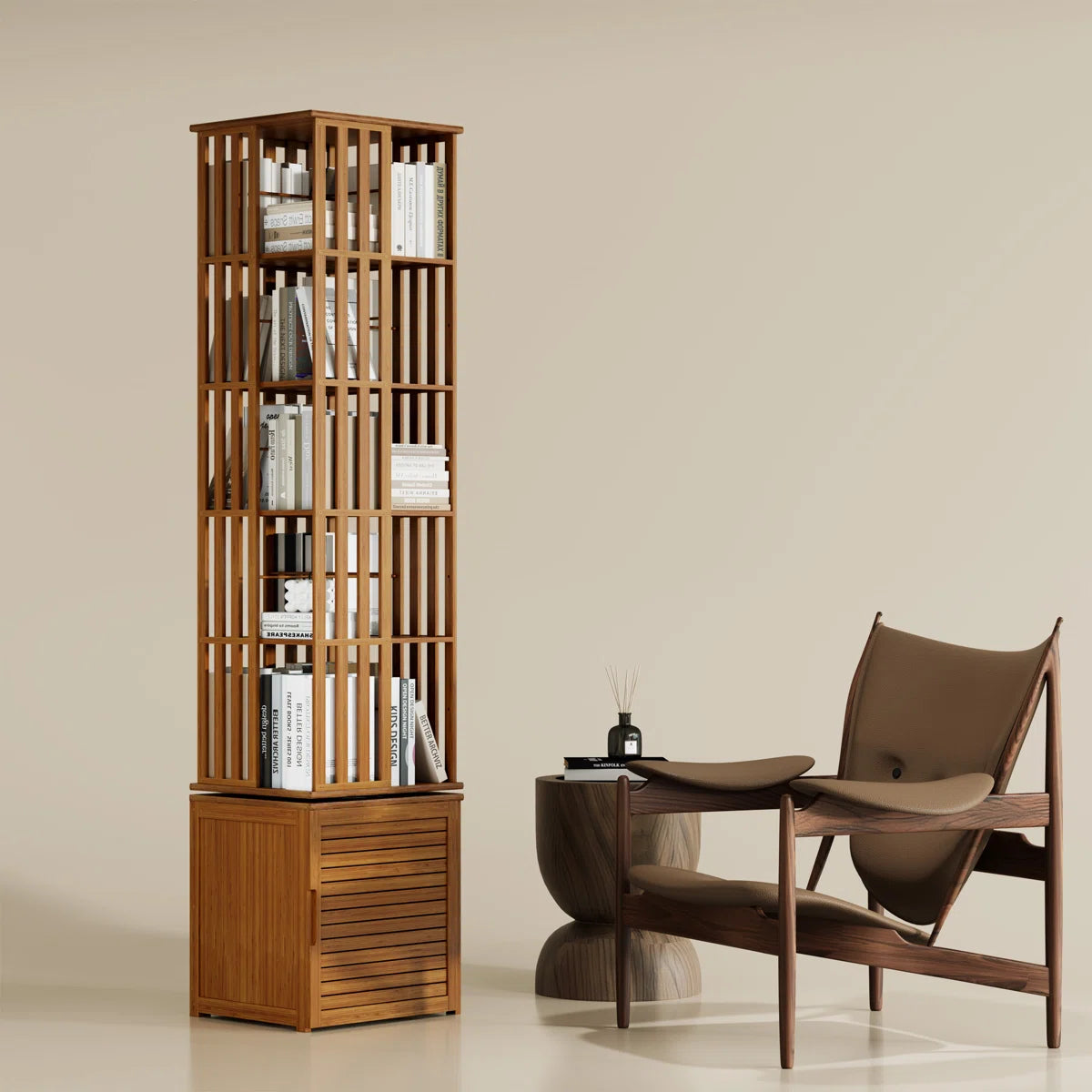 Bamboo Bookshelf 360° Spinning 7 Tier Tall Narrow Display Tower Shelf, Walnut