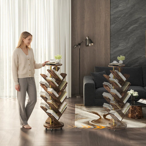 360° Rotating Bookcase,16-Tier Tree Rotating Bookshelf, 360 Degree Spinning Standing Bookcase, Corner Bookcase with casters