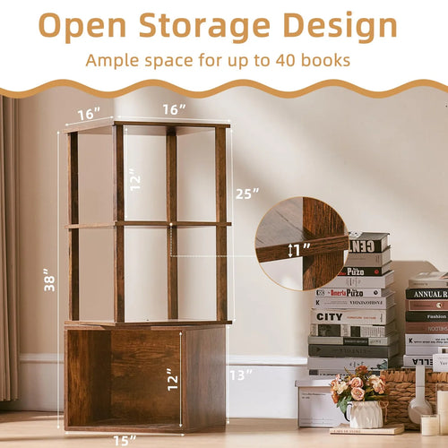 3 Tier Rotating Bookshelf with Storage Cabinet, 360° Display Revolving Bookcase
