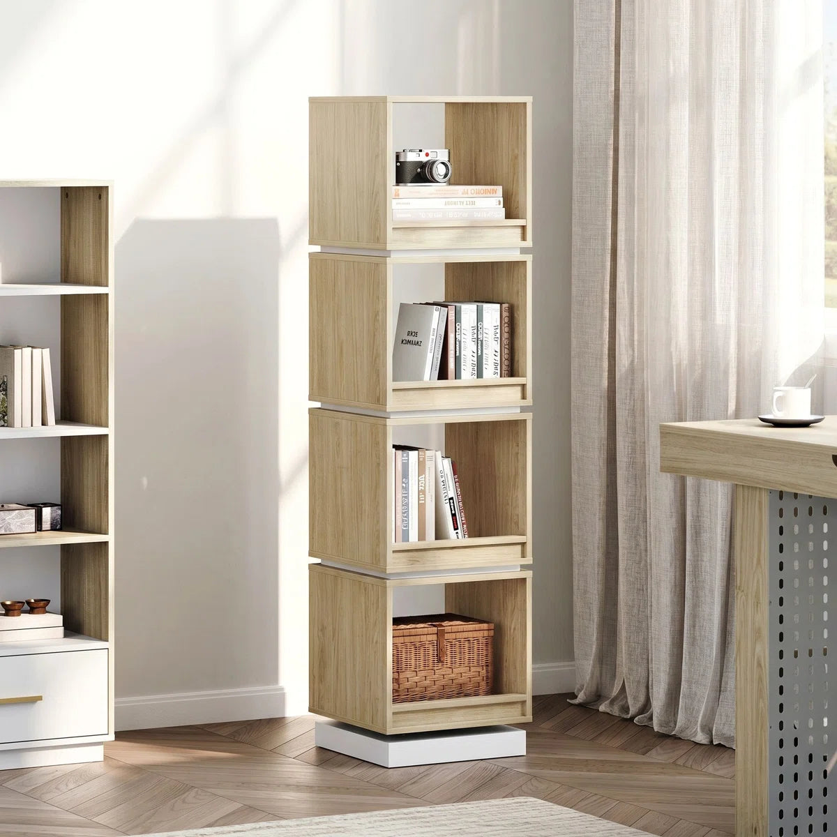 Adonia 360° Rotating Bookshelf Tower, 4Tier Walnut Corner Bookshelf
