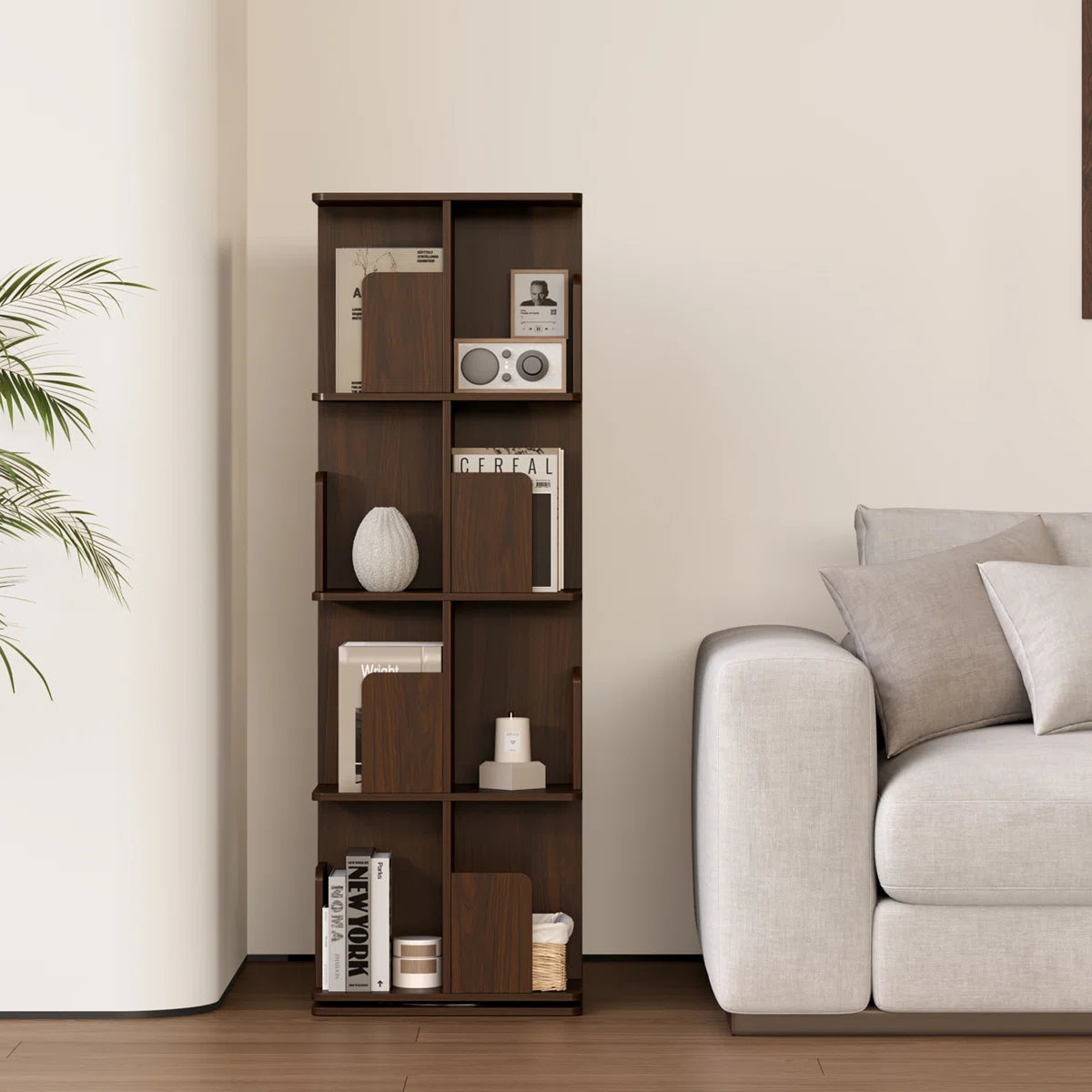 Rotating Bookshelf, 4 Tier Small Bookcase Corner Shelves Display Storage Tower Space-saving Revolving For Small Space Walnut