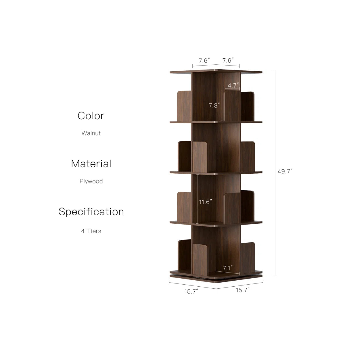 Rotating Bookshelf, 4 Tier Small Bookcase Corner Shelves Display Storage Tower Space-saving Revolving For Small Space Walnut