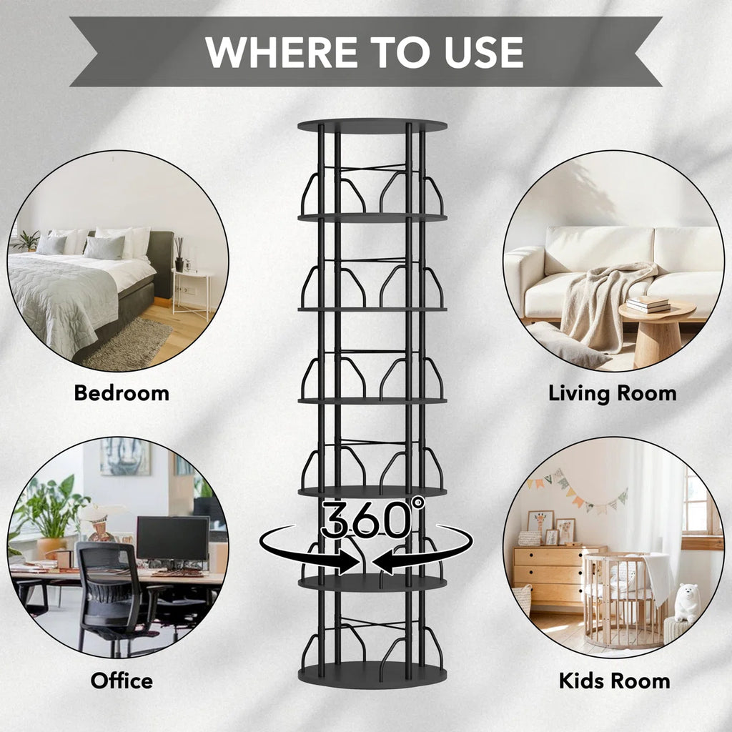 Rotating 360° Bookshelf Tower, Stackable Spinning Bookcase