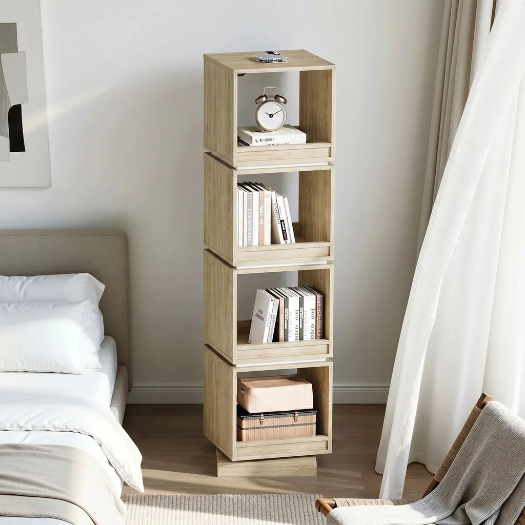 Adonia 360° Rotating Bookshelf Tower, 4Tier Walnut Corner Bookshelf