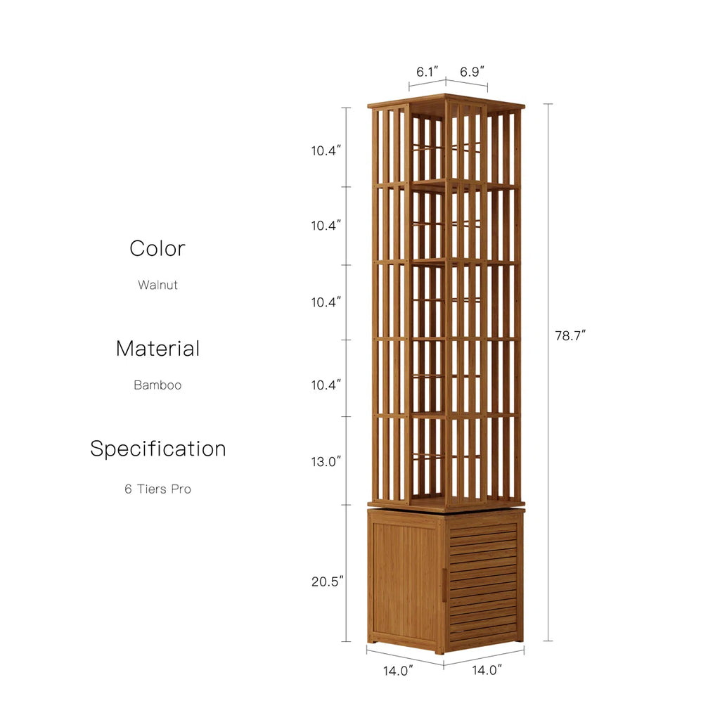 Bamboo Bookshelf 360° Spinning 7 Tier Tall Narrow Display Tower Shelf, Walnut