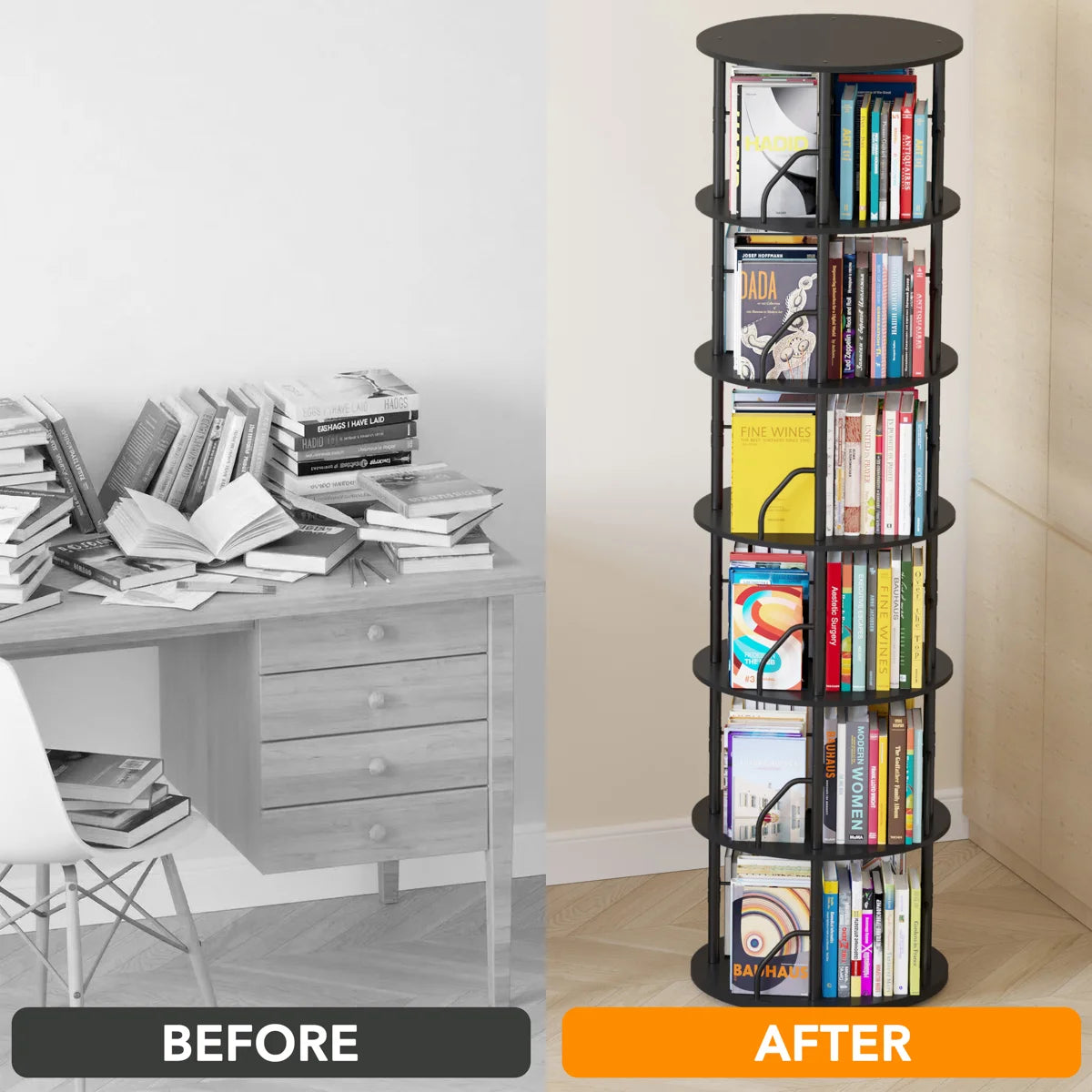 Rotating 360° Bookshelf Tower, Stackable Spinning Bookcase