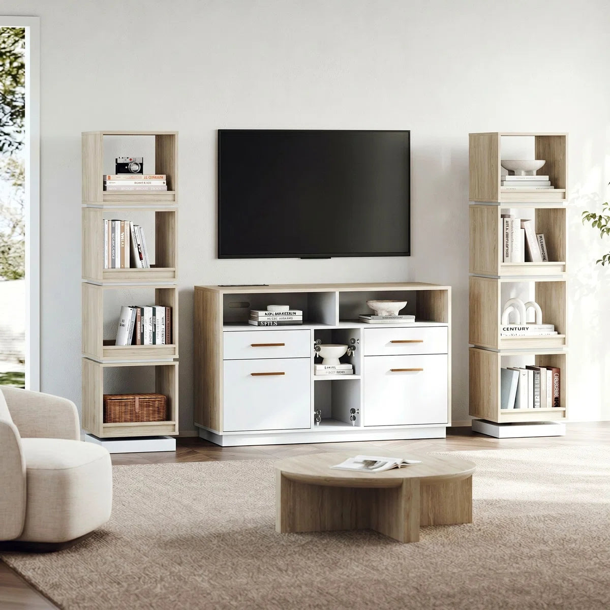Adonia 360° Rotating Bookshelf Tower, 4Tier Walnut Corner Bookshelf