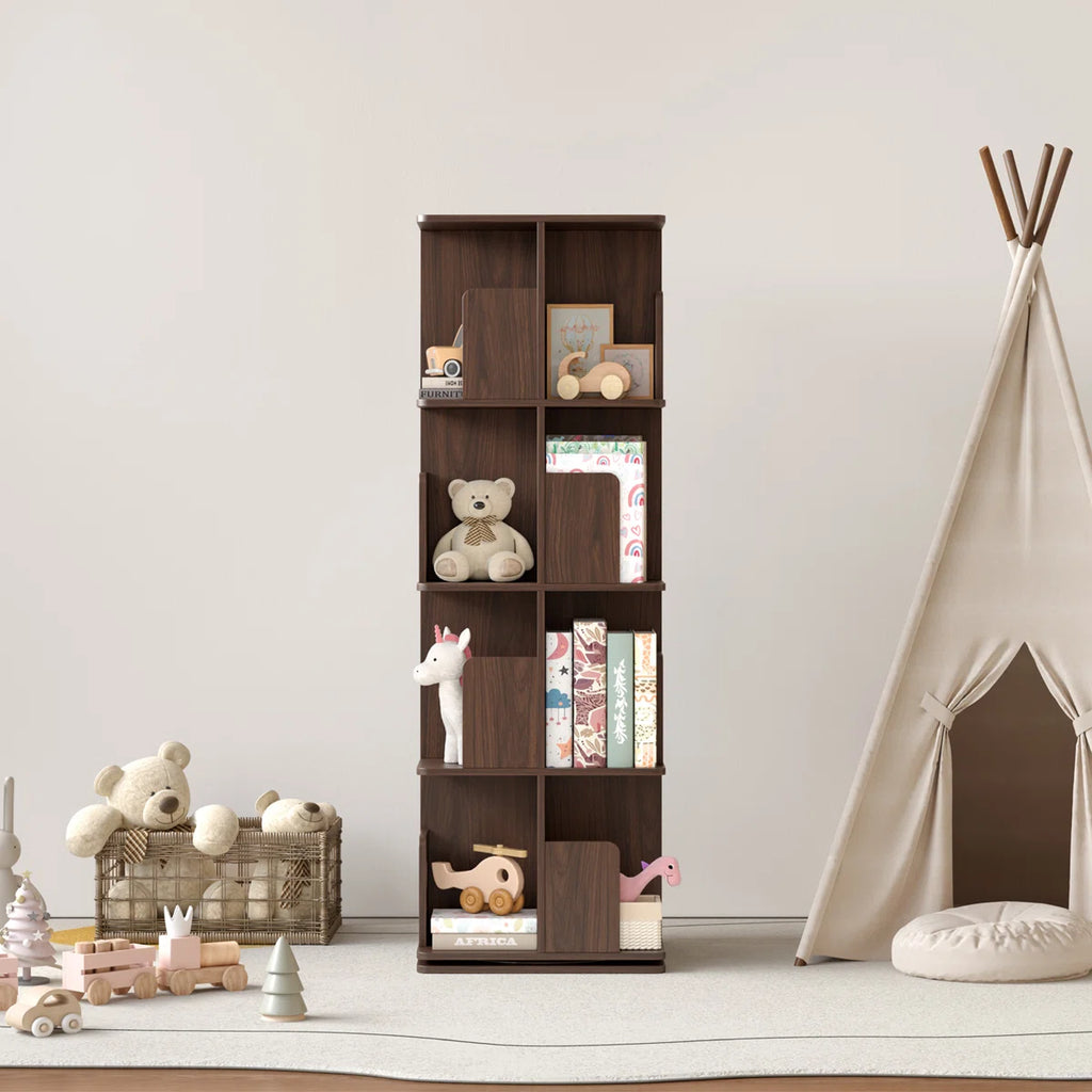 Rotating Bookshelf, 4 Tier Small Bookcase Corner Shelves Display Storage Tower Space-saving Revolving For Small Space Walnut
