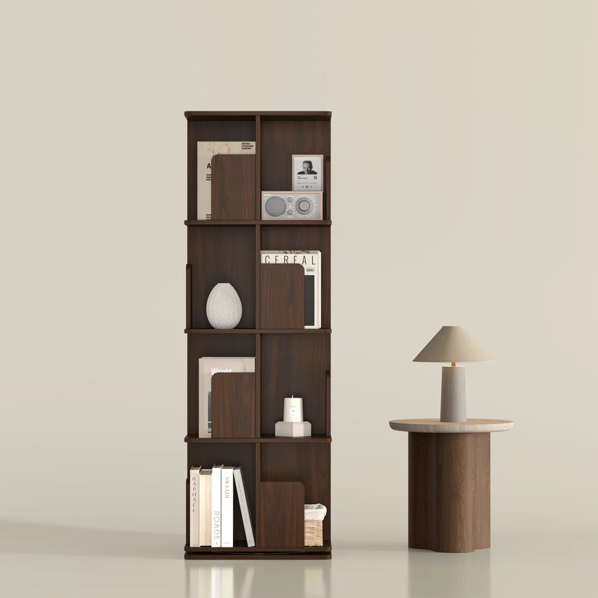 Rotating Bookshelf, 4 Tier Small Bookcase Corner Shelves Display Storage Tower Space-saving Revolving For Small Space Walnut