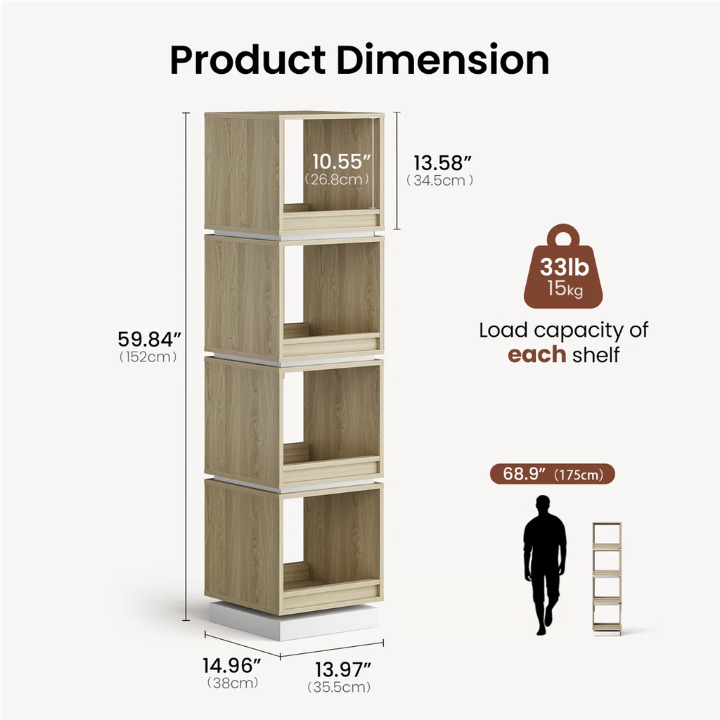 Adonia 360° Rotating Bookshelf Tower, 4Tier Walnut Corner Bookshelf